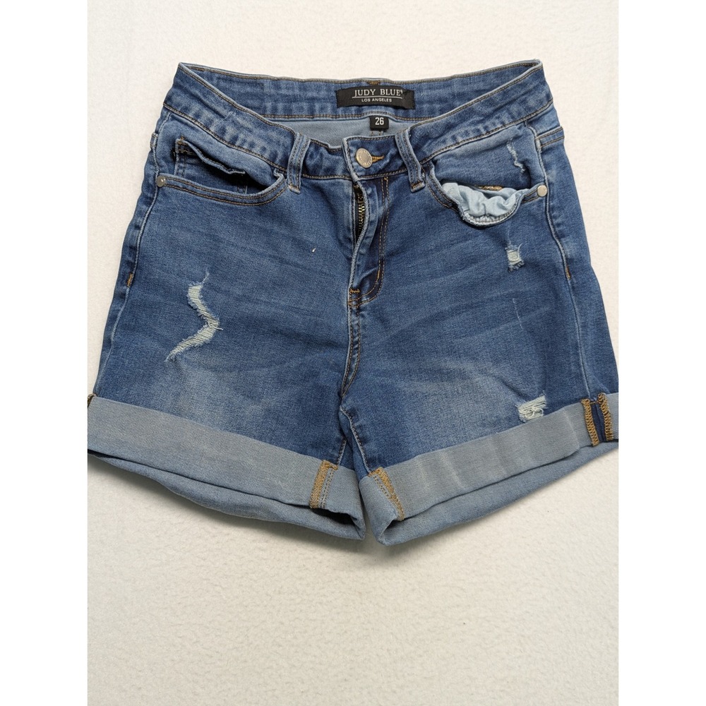 Judy Blue Los Angeles Distressed Cuffed Denim Shorts Medium JB1552-SF size 26